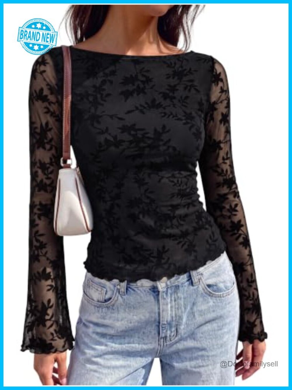 Women's Mesh Floral Long Bell Sleeve Boat Neck Top